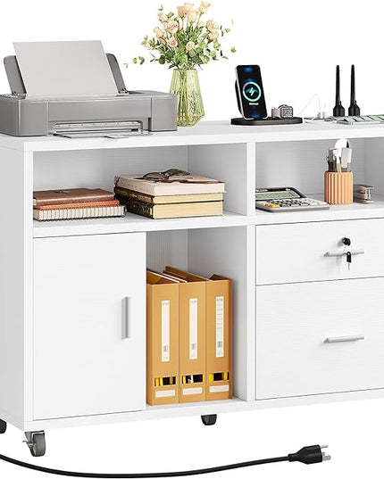DWVO 2 Drawer File Cabinet with Charging Station, Mobile Filing Cabinet with Lock, White - LeafyLoom
