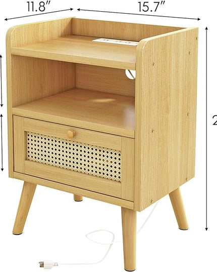 Fixwal Boho Nightstand, Rattan Nightstand with Charging Station, Storage Table with Drawers and Solid Wood Legs for Bedroom, Dormitory - LeafyLoom