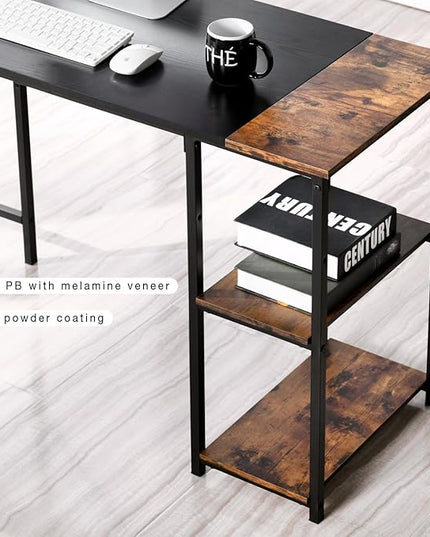 FurnitureR L-Shaped 58.3'' Corner Computer Desk with Storage Shelf Long Gaming Desk for Home Office PC Workstation Saving Space Laptop Table, Black and Brown - LeafyLoom