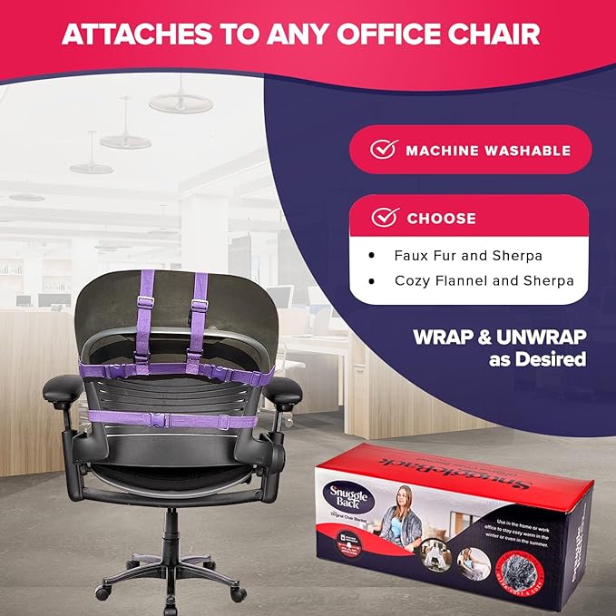 The Original Office Chair Blanket by SnuggleBack; Cozy Comfy Office Desk Chair Wrap Attaches for Convenient Heat and Hands-Free. Stay Warm In The Winter or Summer. Sherpa Fur Lining - LeafyLoom
