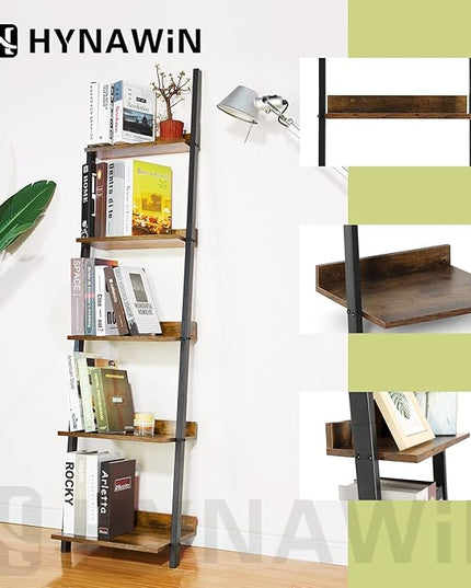 HYNAWIN 5 Tier Ladder Shelf-Wood & Metal Bookcase,Wall Mount Bookshelf Standing Unit,Multipurpose Plant Stand for Livingroom,Kitchen,Space Saving Display Rack,Industrial Accent Furniture - LeafyLoom