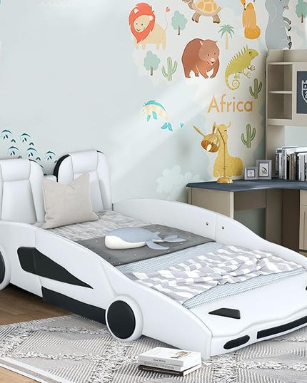 Twin Size Bed Frame for Kids, Race Car-Shaped Wooden Platform Bed with Guardrail and Upholstered Headboard, Wheels and Support Slats, for Boys Girls Child's Bedroom, No Spring Need (White) - LeafyLoom