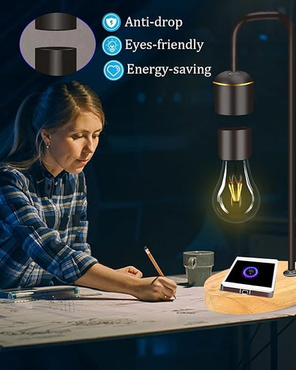 Magnetic Levitating Light Bulb Levitation Real Wood Black Floating Desk Lamp LED Night Lights with Luxury Wireless Charging Pad (Apple/Android) for Christmas Gift - LeafyLoom