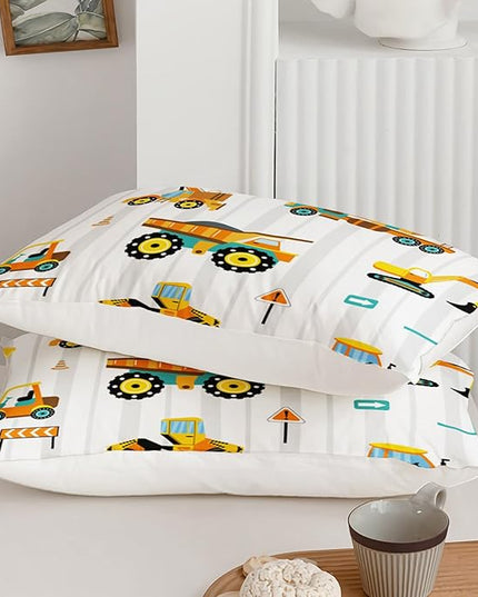 Axolotl Yellow Excavator Comforter Set Queen Size,Cartoon Excavator Bedding Set,Kids Machinery Truck Comforte Set,White Stripe Bedding Vehicle Car Decor for Kids Boys Teens,1 Quilt 2 Pillowcases - LeafyLoom