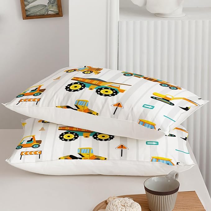 Axolotl Yellow Excavator Comforter Set Queen Size,Cartoon Excavator Bedding Set,Kids Machinery Truck Comforte Set,White Stripe Bedding Vehicle Car Decor for Kids Boys Teens,1 Quilt 2 Pillowcases - LeafyLoom