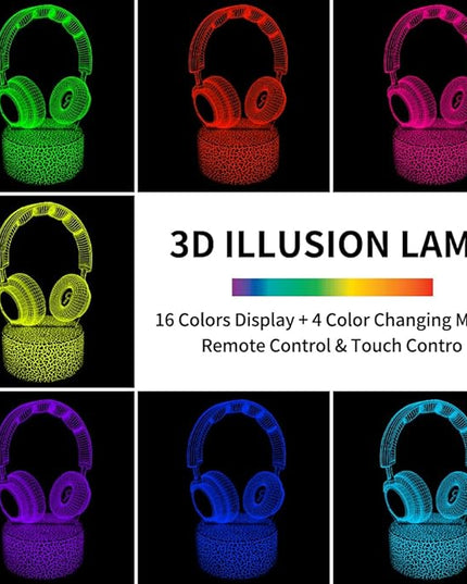 3D Headphone Night Light,3D Headset Illusion Lamp with 16 Colors Changes and Remote Control,Bedroom Decor, Table Lamp for Family, Friends - LeafyLoom