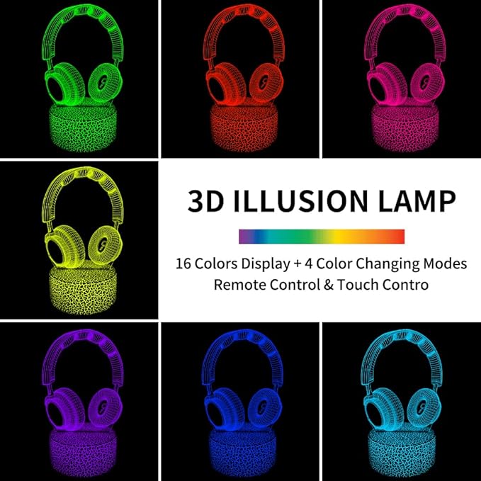 3D Headphone Night Light,3D Headset Illusion Lamp with 16 Colors Changes and Remote Control,Bedroom Decor, Table Lamp for Family, Friends - LeafyLoom