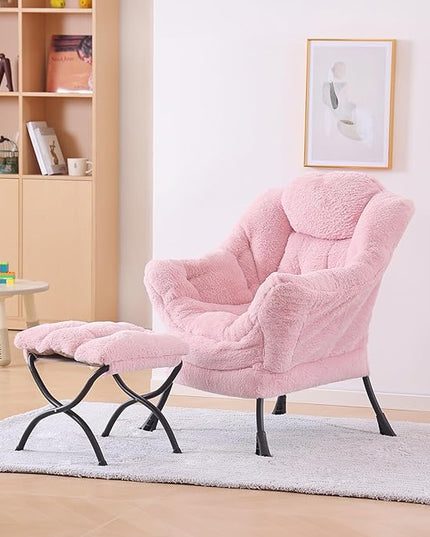 Plush Lazy Chair and Ottoman, Large Contemporary Accent Lounge Chair with Armrests and a Side Pocket, Modern Leisure Upholstered Sofa Reading Armchair with Footrest for Bedroom, Living Room - LeafyLoom