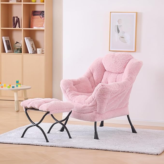 Plush Lazy Chair and Ottoman, Large Contemporary Accent Lounge Chair with Armrests and a Side Pocket, Modern Leisure Upholstered Sofa Reading Armchair with Footrest for Bedroom, Living Room - LeafyLoom