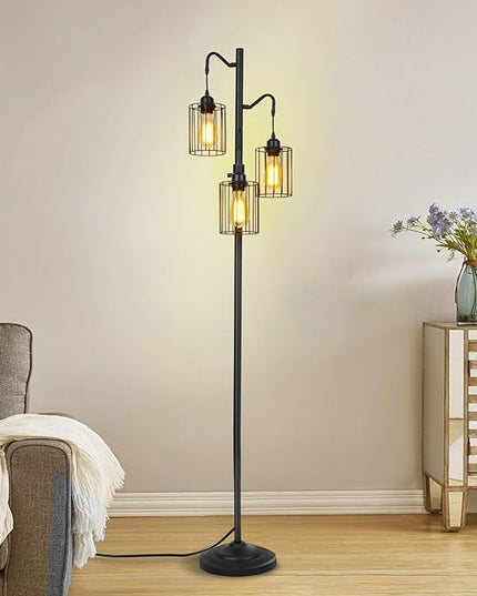 Floor lamp, 69 inch 3-Light Dimmable Farmhouse Floor Lamps for Living Room with 3 Free LED Edison Bulbs, Modern Industrial Vintage Corner Tall Tree Standing Floor Lamp for Bedroom Office - LeafyLoom