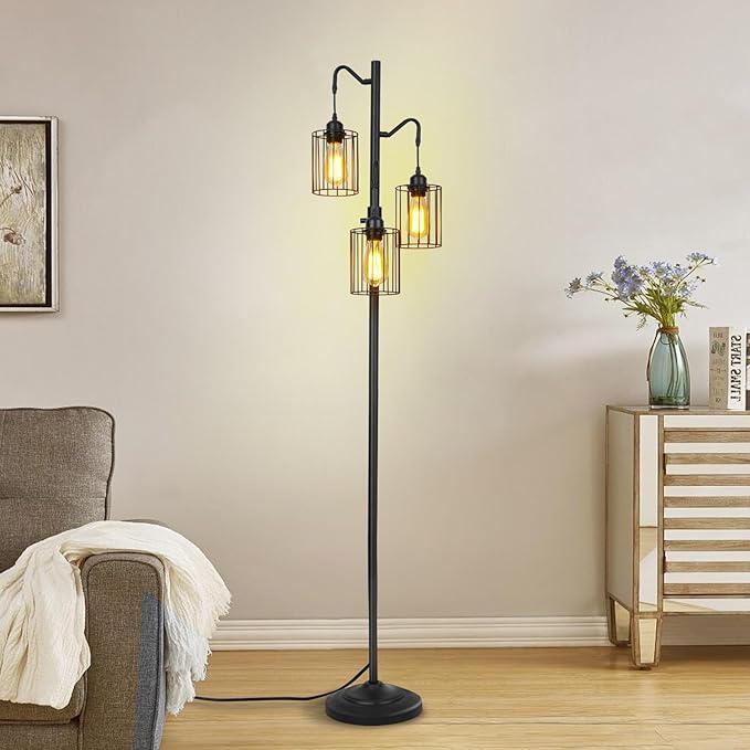 Floor lamp, 69 inch 3-Light Dimmable Farmhouse Floor Lamps for Living Room with 3 Free LED Edison Bulbs, Modern Industrial Vintage Corner Tall Tree Standing Floor Lamp for Bedroom Office - LeafyLoom
