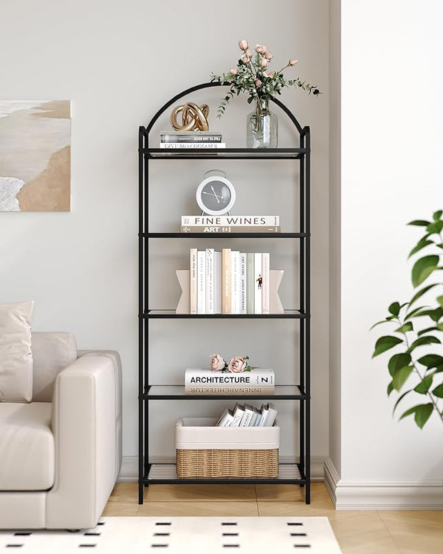 Bookcase Bookshelf, Tempered Glass Bookshelves, Slim Shelving Unit for Bedroom, Bathroom, Home Office, Steel Frame, 5 Tier Black BC21599B - LeafyLoom