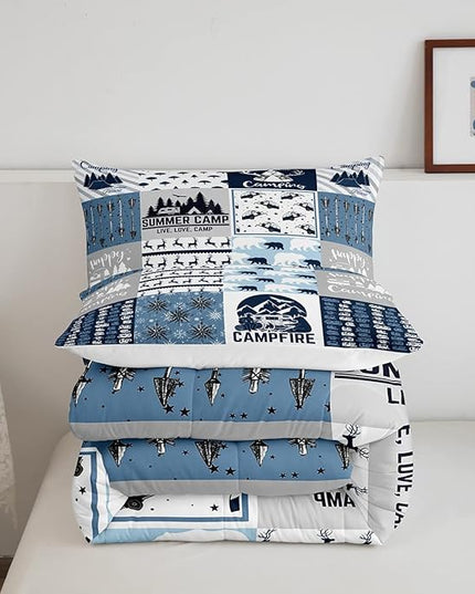 Camper Gifts Comforter Set Twin, Happing Camping Gifts For Men Women, Blue Camper Bedding Set For Camping Lovers Campsite, Camping Down Comforter For RV Travel Hiking, Camper Decor, Buffalo Plaid - LeafyLoom