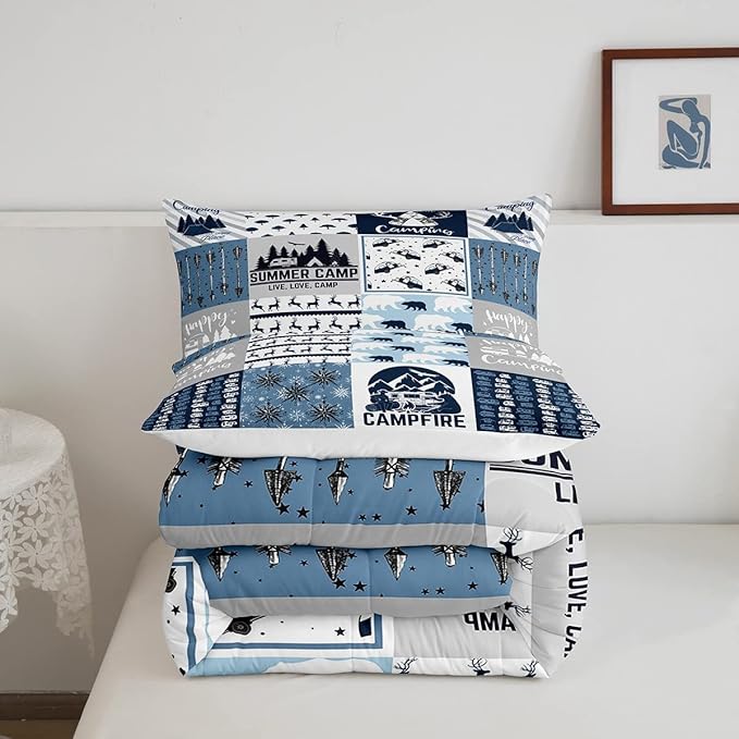 Erosebridal Happy Camping Bedding Set Queen Size for Boys Kids Teens, Camper Duvet Insert, Rustic Farmhouse Style Comforter Set, Sketch Drawing Camper Bedding, Camping Car Down Comforter, Blue - LeafyLoom