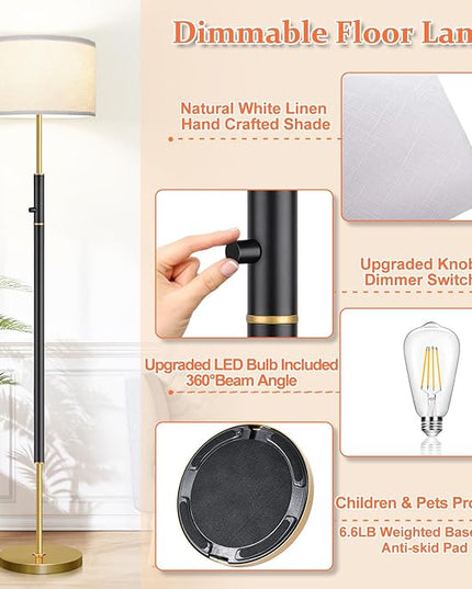 【Upgraded】 Dimmable Floor Lamp for Living Room, 1100 Lumens LED Edison Bulb Included, Simple Standing Lamp with Linen Lamp Shade, Modern Tall Lamp for Living Room Bedroom Office - Black and Gold - LeafyLoom