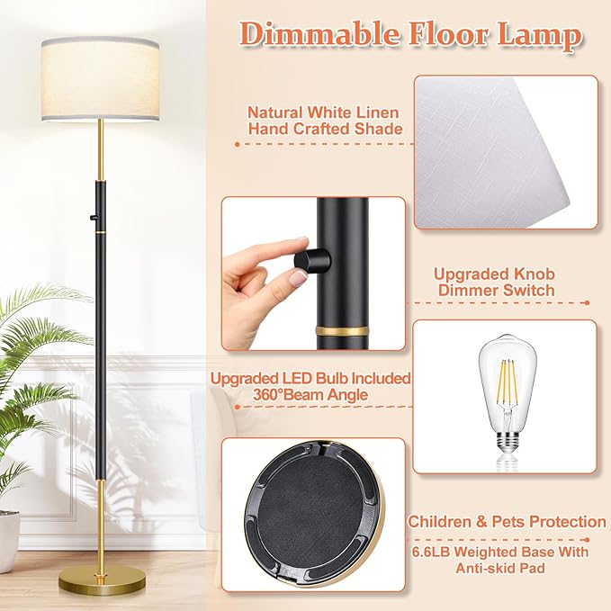 【Upgraded】 Dimmable Floor Lamp for Living Room, 1100 Lumens LED Edison Bulb Included, Simple Standing Lamp with Linen Lamp Shade, Modern Tall Lamp for Living Room Bedroom Office - Black and Gold - LeafyLoom