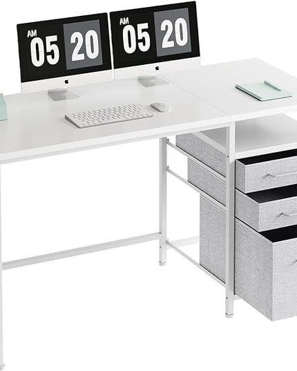 Ｍａｉｈａｉｌ Maihail Small Desk with Drawers, 47 inch Computer Desk with Shelves, Writing Desk with Storage, Small Office Desk with Metal Frame, White - LeafyLoom