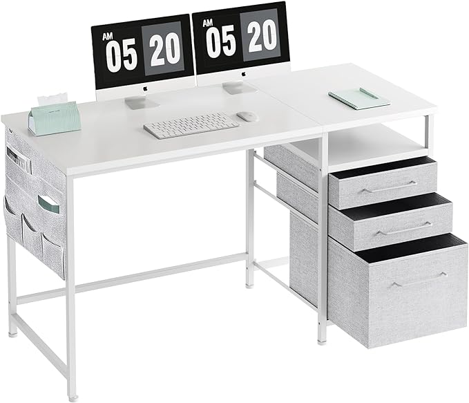 Ｍａｉｈａｉｌ Maihail Small Desk with Drawers, 47 inch Computer Desk with Shelves, Writing Desk with Storage, Small Office Desk with Metal Frame, White - LeafyLoom
