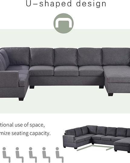 125.6" U Shaped Sofa with Chaise Sectional，Oversized Modular Corner Couch for Living Room Home, Apartment, Furniture Set, 125.6 Inch, Grey - LeafyLoom