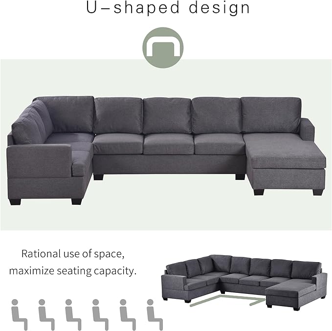 125.6" Large U-Shaped Sectional Sofa with Extra Wide Chaise Loung, Modern Oversized Modular Deep Seat Upholstered Couch for Home, Apartment, Living Room Furniture Set, Grey, 125.6 Inch - LeafyLoom