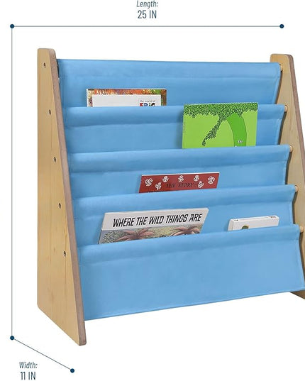 Wildkin Kids Canvas Sling Bookshelf for Boys and Girls, Wooden Design Features Four Fabric Shelves, Keep Bedrooms, Playrooms, and Classrooms Organized, an Ideal Kids Bookshelf (Natural w/Sky Blue) - LeafyLoom