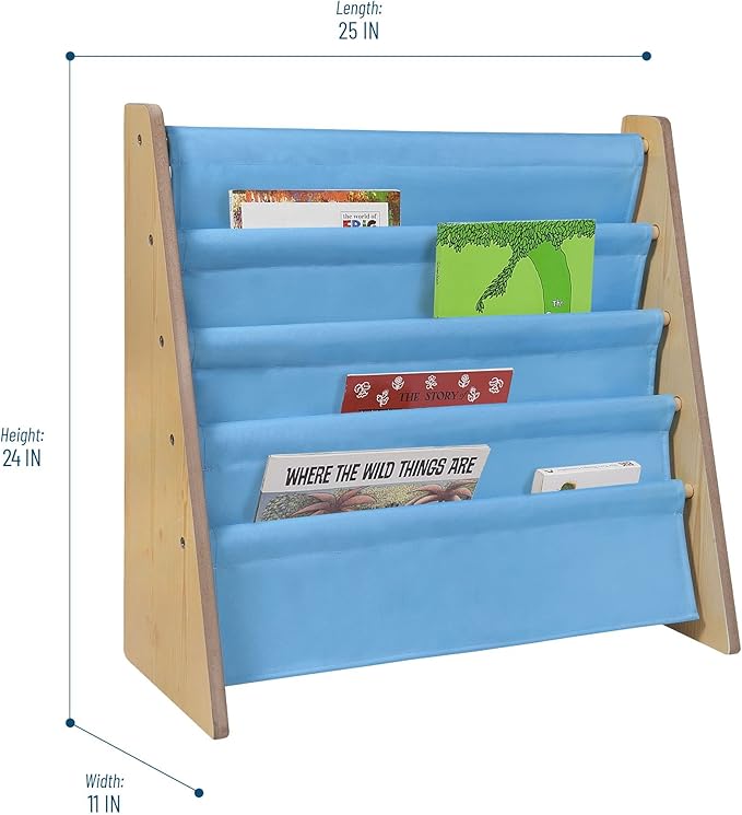 Wildkin Kids Canvas Sling Bookshelf for Boys and Girls, Wooden Design Features Four Fabric Shelves, Keep Bedrooms, Playrooms, and Classrooms Organized, an Ideal Kids Bookshelf (Natural w/Sky Blue) - LeafyLoom