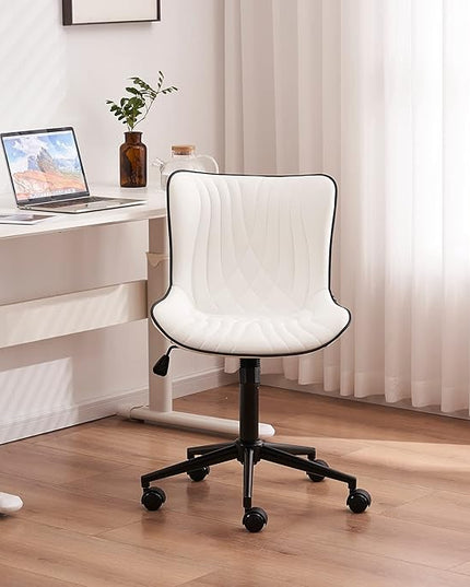 YOUNIKE Office Chair, Armless Desk Chair with Wheels, Home Office Computer Task Chairs, Modern Faux Leather Upholstered Vanity Chair, Adjustable Swivel Rocking Office Chair with Back, White - LeafyLoom