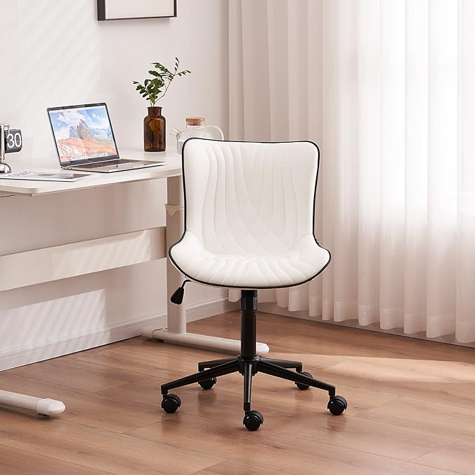 YOUNIKE Office Chair, Armless Desk Chair with Wheels, Home Office Computer Task Chairs, Modern Faux Leather Upholstered Vanity Chair, Adjustable Swivel Rocking Office Chair with Back, White - LeafyLoom