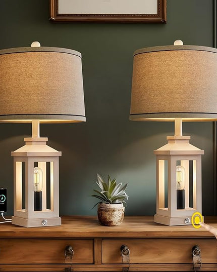 23.75" Retro Farmhouse USB C+A Ports Table Lamp Set of 2 with 3 Way Dimmable Touch Control White Nightlight Vintage Modern Lamp for Living Room Bedroom with 2 Light Sources - LeafyLoom