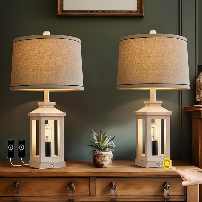 23.75" Retro Farmhouse USB C+A Ports Table Lamp Set of 2 with 3 Way Dimmable Touch Control White Nightlight Vintage Modern Lamp for Living Room Bedroom with 2 Light Sources - LeafyLoom