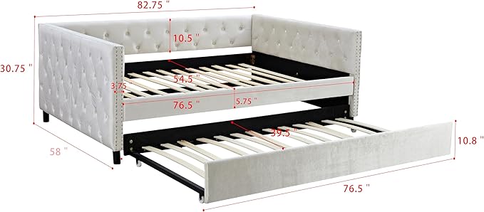 Full Size Velvet Upholstered Daybed with Trundle, Solid Wood Bed w/Button Tufted Backrest, for Living Room, Bedroom, Dorm, No Box Spring Needed, Space-Saving Design - LeafyLoom