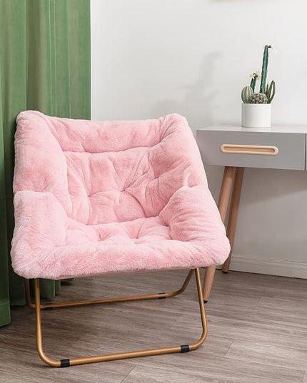 Tiita Comfy Saucer Chair, Soft Faux Fur Oversized Folding Accent Chair, Lounge Lazy Chair for Kids Teens Adults, Metal Frame Moon Chair for Bedroom, Living Room, Dorm Rooms, X-Large Pink - LeafyLoom