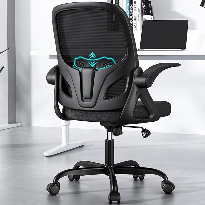 Office Desk Chair with Lumbar Support Ergonomic Mesh Office Chair with Wheels and Flip-up Armrests Adjustable Height Swivel Computer Chair for Home and Office (Black) - LeafyLoom