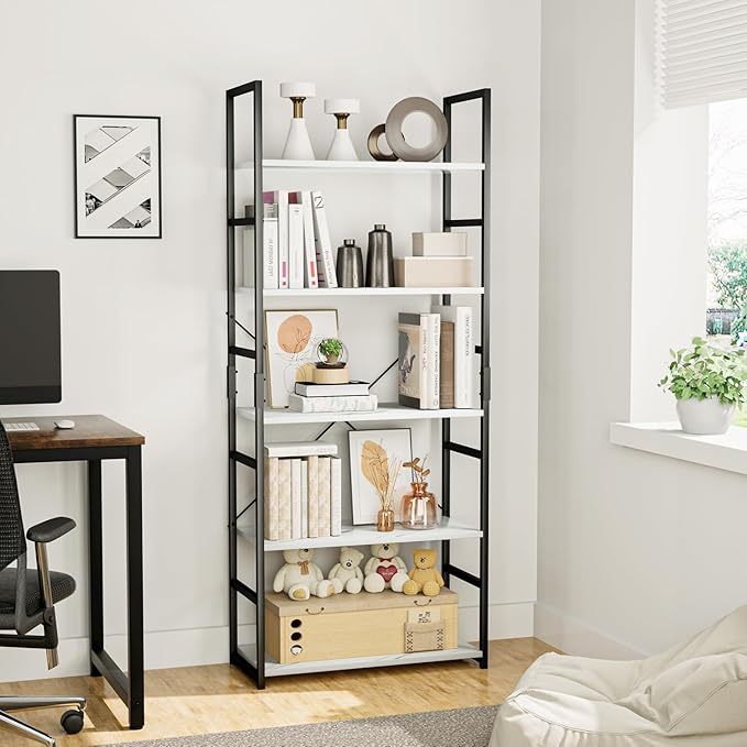 OTK 5 Tier Bookshelf, Tall Bookcase, Office Shelf Storage Organizer, Modern Book Shelf for Living Room, Bedroom, and Home Office, White Marble - LeafyLoom