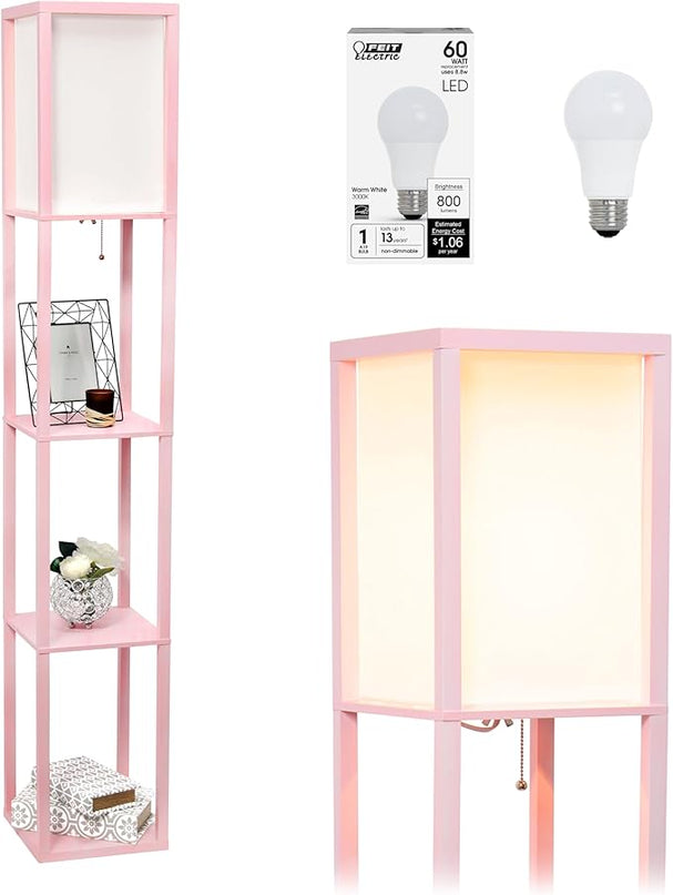 Simple Designs LF1014-LPK-LB Three Shelf Etagere Organizer Storage Floor Lamp with White Linen Shade for Living Room, Bedroom, Office, Hallway, Light Pink, with Feit LED Bulb Included - LeafyLoom