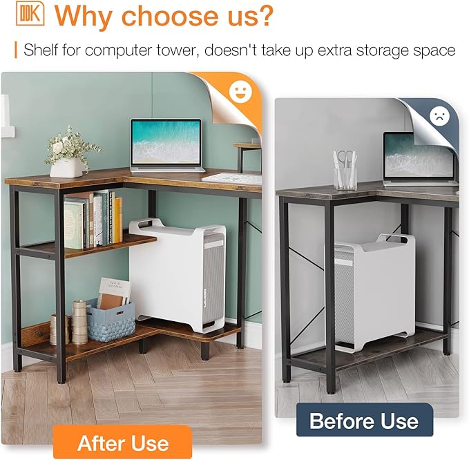 ODK 40 Inch Small L Shaped Computer Desk with Reversible Storage Shelves, Corner Desk with Monitor Stand for Small Space, Modern Simple Writing Study Table for Home Office, Rustic Brown - LeafyLoom