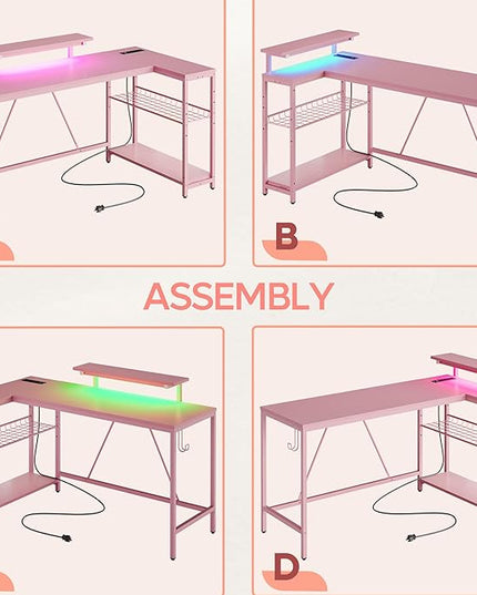 Bestier L Shaped Gaming Desk with Power Outlets,58 LED Small Corner Desk with Reversible Storage Shelves,Pink Computer Desk with Headset Hooks Desk for Living Room and Dormitory - LeafyLoom