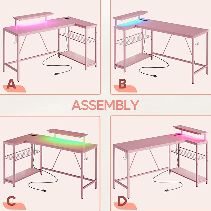 Bestier L Shaped Gaming Desk with Power Outlets,58 LED Small Corner Desk with Reversible Storage Shelves,Pink Computer Desk with Headset Hooks Desk for Living Room and Dormitory - LeafyLoom
