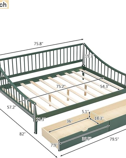Full Size Daybed with Two Drawers,Solid Wood Storage Bed Frame W/Wooden Slat Support,Guide Rail Design on Three Sides,Easy to Assemble,for Bedroom Living Room,Green - LeafyLoom