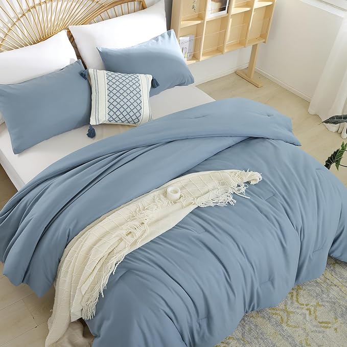 Dusty Blue Comforter Set Twin Boho Grayish Blue Twin Comforter with 1 Pillowcases - Soft Lightweight Cozy Bedding Set for All Season - Beige Comforter Twin Size for Women Teens Kids - LeafyLoom