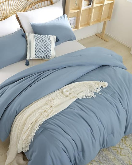 Grayish Blue Full Comforter Boho Dusty Blue 3PCS Microfiber Bed Comforter Sets for All Season Comforter for Men and Women Soft Lightweight Bed Comforter Set (1 Comforter, 2 Pillowcases) - LeafyLoom
