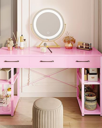 ODK Vanity Desk with Fabric Drawers & Storage Shelves, Makeup Dressing Table, Home Office Desks for Bedroom, Modern Simple Writing Desk,Pink, 48"x16" (No Mirror - LeafyLoom