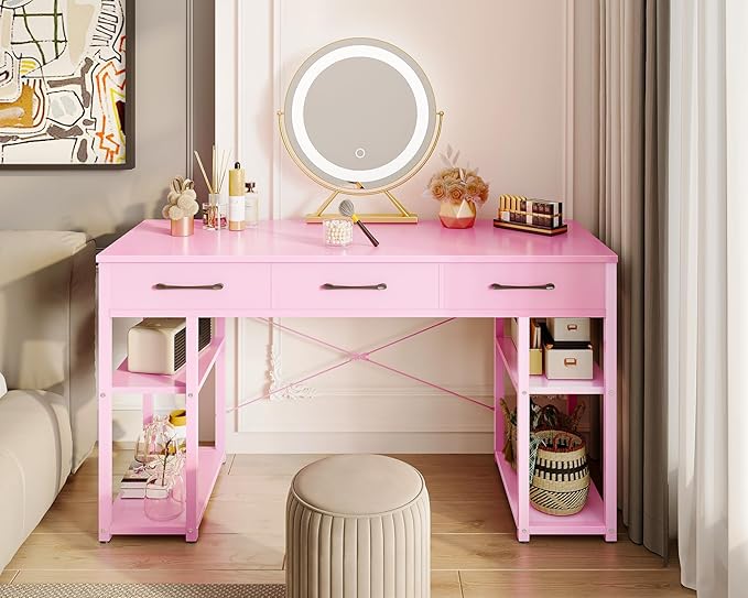 ODK Vanity Desk with Fabric Drawers & Storage Shelves, Makeup Dressing Table, Home Office Desks for Bedroom, Modern Simple Writing Desk,Pink, 48"x16" (No Mirror - LeafyLoom