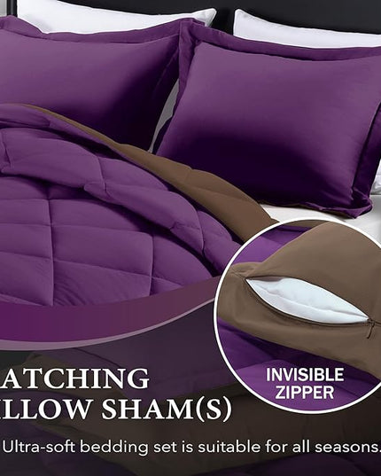 downluxe King Size Comforter Set - Purple and Brown King Comforter, Soft Bedding Comforter Sets for All Seasons, King Comforter Set - 3 Pieces - 1 Comforter (104"x92") and 2 Pillow Shams(20"x36") - LeafyLoom