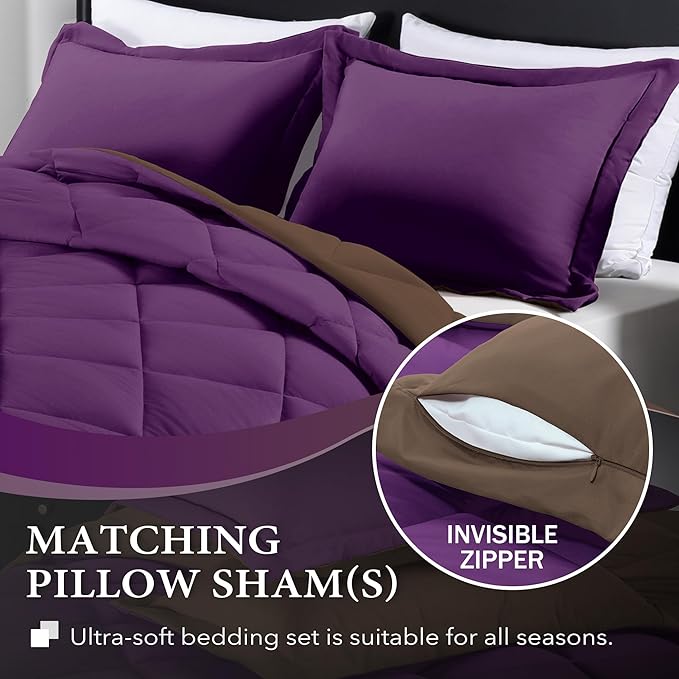 downluxe King Size Comforter Set - Purple and Brown King Comforter, Soft Bedding Comforter Sets for All Seasons, King Comforter Set - 3 Pieces - 1 Comforter (104"x92") and 2 Pillow Shams(20"x36") - LeafyLoom