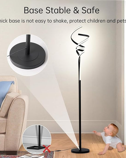Modern Spiral Floor Lamps for Living Room, LED Spiral Floor Lamp 48W Tall Standing Lamp Timing 63"-67" Adjustable Height 3 Color Dimable Corner Black Floor Lamps for Bedroom Office - LeafyLoom