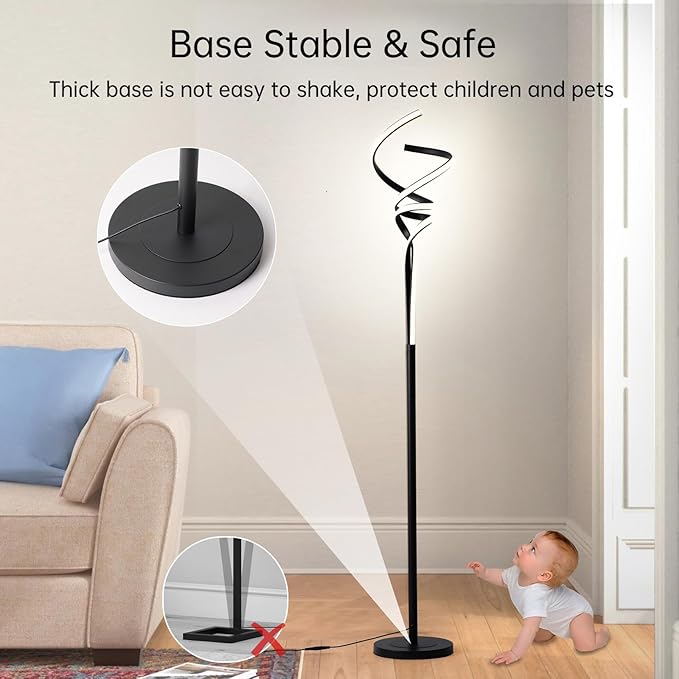 Modern Spiral Floor Lamps for Living Room, LED Spiral Floor Lamp 48W Tall Standing Lamp Timing 63"-67" Adjustable Height 3 Color Dimable Corner Black Floor Lamps for Bedroom Office - LeafyLoom