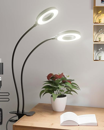 LED Desk Lamp with USB Adapter, Eye-Caring Gooseneck Ring Light, 3 Modes 10 Brightness Adjustable 10W Desk Light for Makeup Reading Bed Headboard (Metal) - LeafyLoom