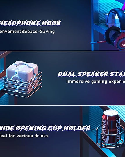 Gaming Desk with Power Outlet&Led Lights, Computer Desk with Monitor Stand and Open Shelf,Gamer Table Workstation with Cup Holder, Headphone Hook, 2 Speaker Stand for Home Office - LeafyLoom