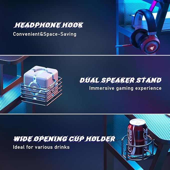 Gaming Desk with Power Outlet&Led Lights, Computer Desk with Monitor Stand and Open Shelf,Gamer Table Workstation with Cup Holder, Headphone Hook, 2 Speaker Stand for Home Office - LeafyLoom
